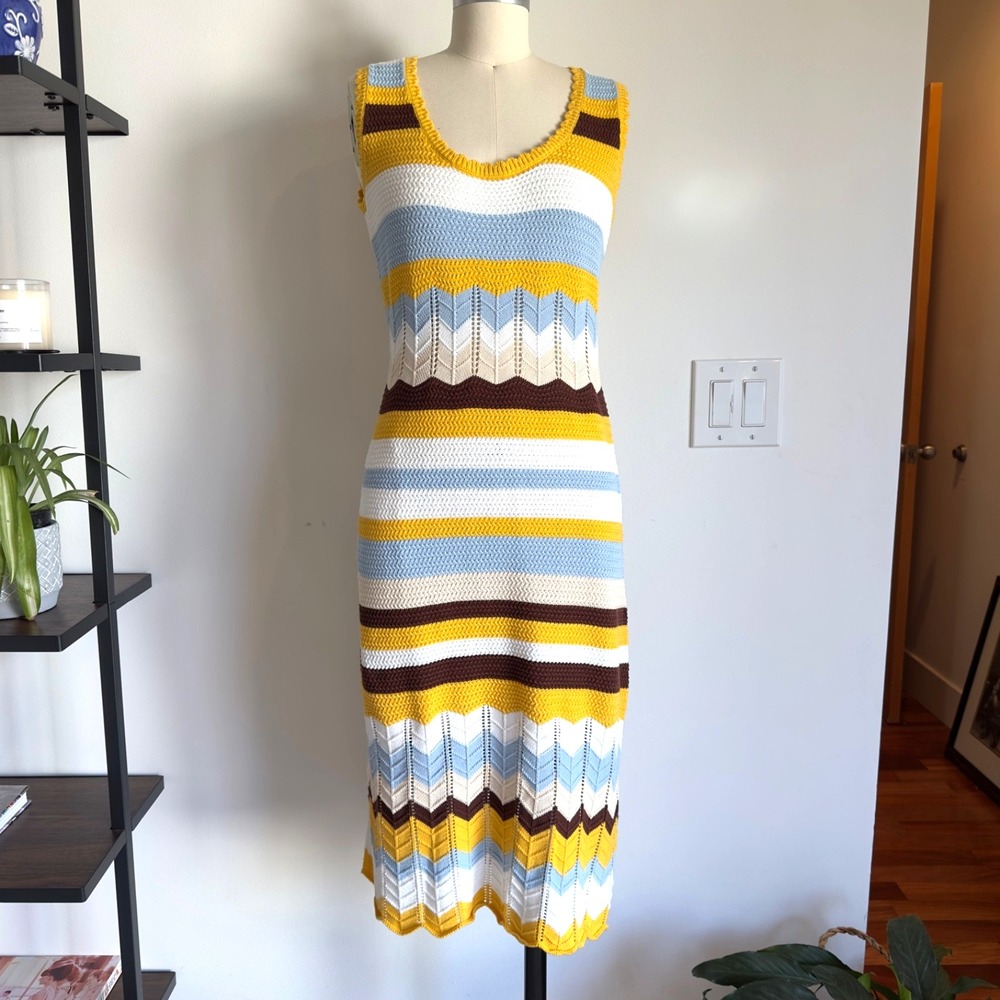 French‎ Connection Nellis Cotton Crochet Pencil Midi Dress-Size 8-Multi Stripe